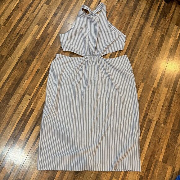 J.Crew Collection Striped Cutout‎ Halter Midi Dress Gray White Summer  Size 24 - Picture 1 of 11